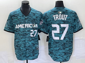 Wholesale Cheap Men\'s Los Angeles Angels #27 Mike Trout Number Teal 2023 All Star Cool Base Stitched Jersey3