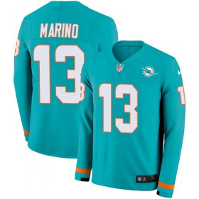 Wholesale Cheap Nike Dolphins #13 Dan Marino Aqua Green Team Color Men\'s Stitched NFL Limited Therma Long Sleeve Jersey
