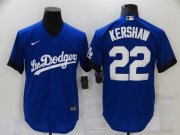 Wholesale Cheap Men's Los Angeles Dodgers #22 Clayton Kershaw Blue 2021 City Connect Cool Base Stitched Jersey