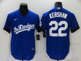 Wholesale Cheap Men\'s Los Angeles Dodgers #22 Clayton Kershaw Blue 2021 City Connect Cool Base Stitched Jersey