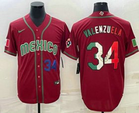 Cheap Men\'s Mexico Baseball #34 Fernando Valenzuela Number 2023 Red Blue World Baseball Classic Stitched Jersey