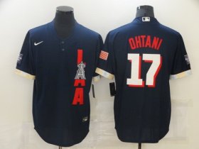 Wholesale Cheap Men\'s Los Angeles Angels #17 Shohei Ohtani 2021 Navy All-Star Cool Base Stitched MLB Jersey