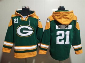 Wholesale Men\'s Green Bay Packers #21 Charles Woodson Green Lace-Up Pullover Hoodie