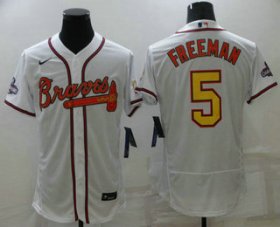 Wholesale Cheap Men\'s Atlanta Braves #5 Freddie Freeman White Gold 2021 World Series Champions Stitched MLB Flex Base Jersey