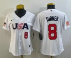 Cheap Women's USA Baseball #8 Trea Turner Number 2023 White World Classic Stitched Jerseys