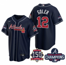 Wholesale Cheap Men\'s Navy Atlanta Braves #12 Jorge Soler 2021 World Series Champions With 150th Anniversary Patch Cool Base Stitched Jersey