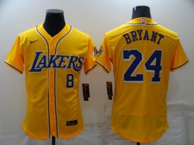 Wholesale Cheap Men\'s Los Angeles Lakers #8 #24 Kobe Bryant Yellow Stitched Flex Base Nike Baseball Jersey