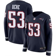 Wholesale Cheap Nike Patriots #53 Josh Uche Navy Blue Team Color Women's Stitched NFL Limited Therma Long Sleeve Jersey