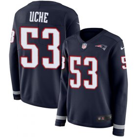 Wholesale Cheap Nike Patriots #53 Josh Uche Navy Blue Team Color Women\'s Stitched NFL Limited Therma Long Sleeve Jersey