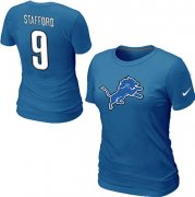 Wholesale Cheap Women's Nike Detroit Lions #9 Matthew Stafford Name & Number T-Shirt Blue