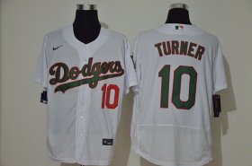 Wholesale Cheap Men\'s Los Angeles Dodgers #10 Justin Turner White With Green Name Stitched MLB Flex Base Nike Jersey