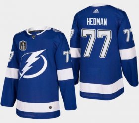Wholesale Cheap Men\'s Tampa Bay Lightning #77 Victor Hedman 2022 Blue Stanley Cup Final Patch Stitched Jersey