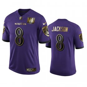 Wholesale Cheap Baltimore Ravens #8 Lamar Jackson Men\'s Nike Purple Team 25th Season Golden Limited NFL Jersey