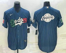 Cheap Men\'s Los Angeles Dodgers Big Logo Navy Blue Pinstripe Stitched MLB Cool Base Nike Jersey5