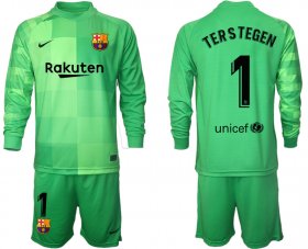 Wholesale Cheap Men 2021-2022 Club Barcelona green goalkeeper Long Sleeve 1 Soccer Jersey