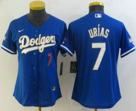 Wholesale Cheap Women\'s Los Angeles Dodgers #7 Julio Urias Red Number Blue Gold Championship Stitched MLB Cool Base Nike Jersey