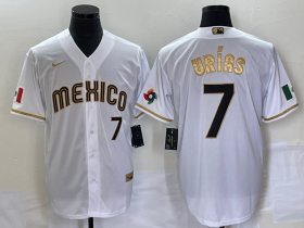 Wholesale Cheap Men\'s Mexico Baseball #7 Julio Urias Number 2023 White Gold World Baseball Classic Stitched Jersey