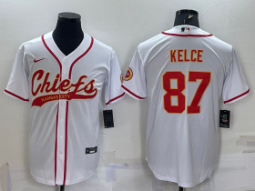 Wholesale Cheap Men\'s Kansas City Chiefs #87 Travis Kelce White With Patch Cool Base Stitched Baseball Jersey