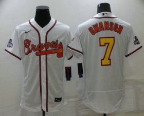 Wholesale Cheap Men\'s Atlanta Braves #7 Dansby Swanson White Gold 2021 World Series Champions Stitched MLB Flex Base Jersey