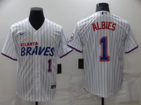 Wholesale Cheap Men\'s Atlanta Braves #1 Ozzie Albies White 2021 City Connect Stitched MLB Cool Base Nike Jersey