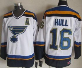 Wholesale Cheap Blues #16 Brett Hull White/Navy CCM Throwback Stitched NHL Jersey