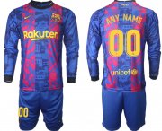 Wholesale Cheap Men 2021-2022 Club Barcelona Second away blue Long Sleeve customized Soccer Jersey