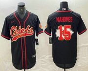Cheap Men's Kansas City Chiefs #15 Patrick Mahomes Black Team Big Logo With Patch Cool Base Stitched Baseball Jersey