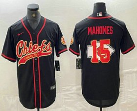 Cheap Men\'s Kansas City Chiefs #15 Patrick Mahomes Black Team Big Logo With Patch Cool Base Stitched Baseball Jersey