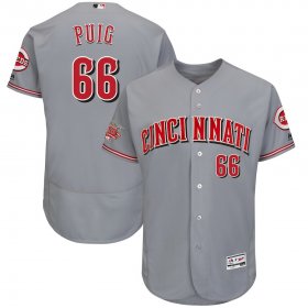 Wholesale Cheap Men\'s Reds #66 Yasiel Puig Majestic Gray 150th Anniversary Road Authentic Collection Flex Base Player Jersey