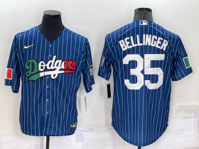 Wholesale Cheap Men\'s Los Angeles Dodgers #35 Cody Bellinger Navy Blue Pinstripe Mexico 2020 World Series Cool Base Nike Jersey