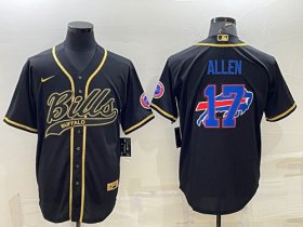 Wholesale Cheap Men\'s Buffalo Bills #17 Josh Allen Black Gold Team Big Logo With Patch Cool Base Stitched Baseball Jersey