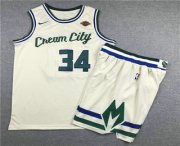 Wholesale Cheap Men's Milwaukee Bucks #34 Giannis Antetokounmpo Cream 2020 City Edition NBA Swingman Jersey With Shorts