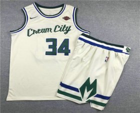 Wholesale Cheap Men\'s Milwaukee Bucks #34 Giannis Antetokounmpo Cream 2020 City Edition NBA Swingman Jersey With Shorts