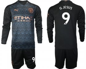 Wholesale Cheap Men 2020-2021 club Manchester city home long sleeve 9 black Soccer Jerseys