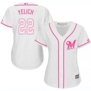 Wholesale Cheap Brewers #22 Christian Yelich White/Pink Fashion Women's Stitched MLB Jersey