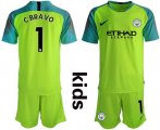 Wholesale Cheap Manchester City #1 C.Bravo Shiny Green Goalkeeper Kid Soccer Club Jersey