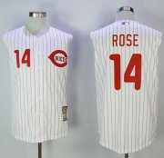 Wholesale Cheap Mitchell And Ness 2000 Reds #14 Pete Rose White Strip Throwback Stitched MLB Jersey