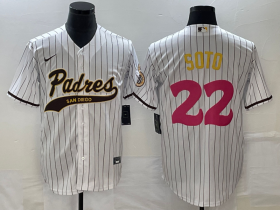 Wholesale Cheap Men\'s San Diego Padres #22 Juan Soto White Pinstripe 2023 City Connect Cool Base Stitched Jersey
