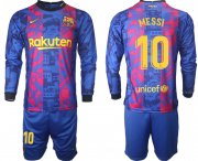 Wholesale Cheap Men 2021-2022 Club Barcelona Second away blue Long Sleeve 10 Soccer Jerseys