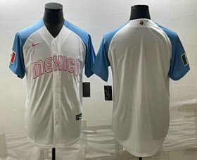Cheap Men\'s Mexico Baseball Blank 2023 White Blue World Classic Stitched Jerseys