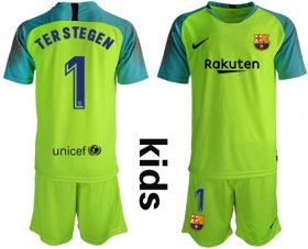 Wholesale Cheap Barcelona #1 Ter Stegen Shiny Green Goalkeeper Kid Soccer Club Jersey