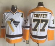 Wholesale Cheap Penguins #77 Paul Coffey White/Yellow CCM Throwback Stitched NHL Jersey