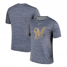 Wholesale Cheap Nike Milwaukee Brewers Gray Black Striped Logo Performance T-Shirt