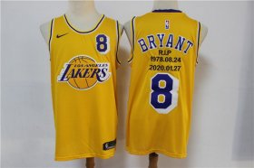 Wholesale Cheap Men\'s Los Angeles Lakers #8 Kobe Bryant Yellow R.I.P Signed Hardwood Classics Soul Swingman Throwback Jersey