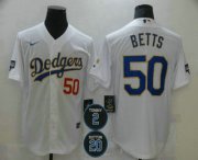Wholesale Cheap Men's Los Angeles Dodgers #50 Mookie Betts Red Number White Gold #2 #20 Patch Stitched MLB Cool Base Nike Jersey
