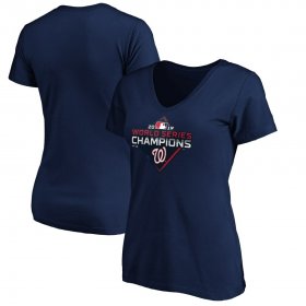 Wholesale Cheap Washington Nationals Majestic Women\'s 2019 World Series Champions Logo V-Neck T-Shirt Navy
