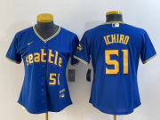 Wholesale Cheap Women's Seattle Mariners #51 Ichiro Suzuki Number Blue 2023 City Connect Cool Base Stitched Jersey