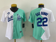 Wholesale Women's Los Angeles Dodgers #22 Bad Bunny White Green Two Tone 2022 Celebrity Softball Game Cool Base Jersey2