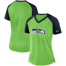 Wholesale Cheap Women\'s Seattle Seahawks Nike Neon Green-College Navy Top V-Neck T-Shirt