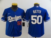 Wholesale Cheap Youth Los Angeles Dodgers #50 Mookie Betts Red Number Blue Gold Championship Stitched MLB Cool Base Nike Jersey